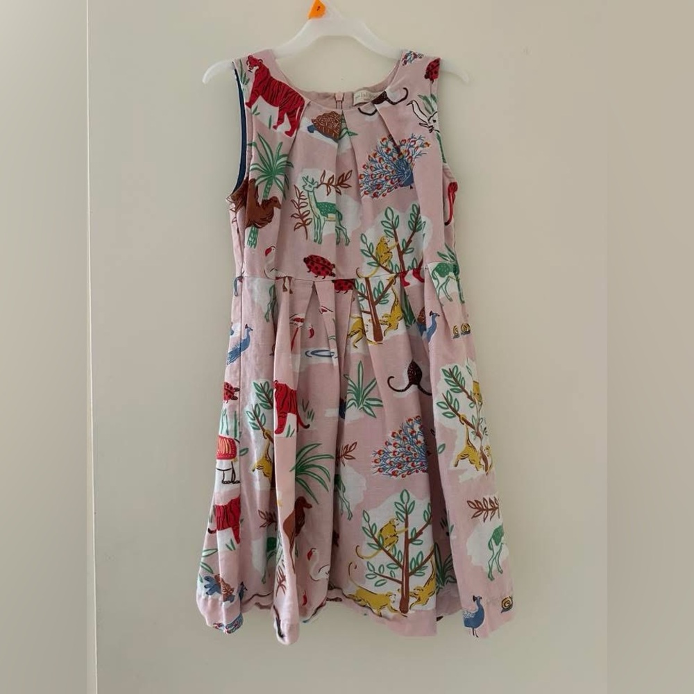 Mini Boden girls pink cotton line. dress with cute animal print 6-7y